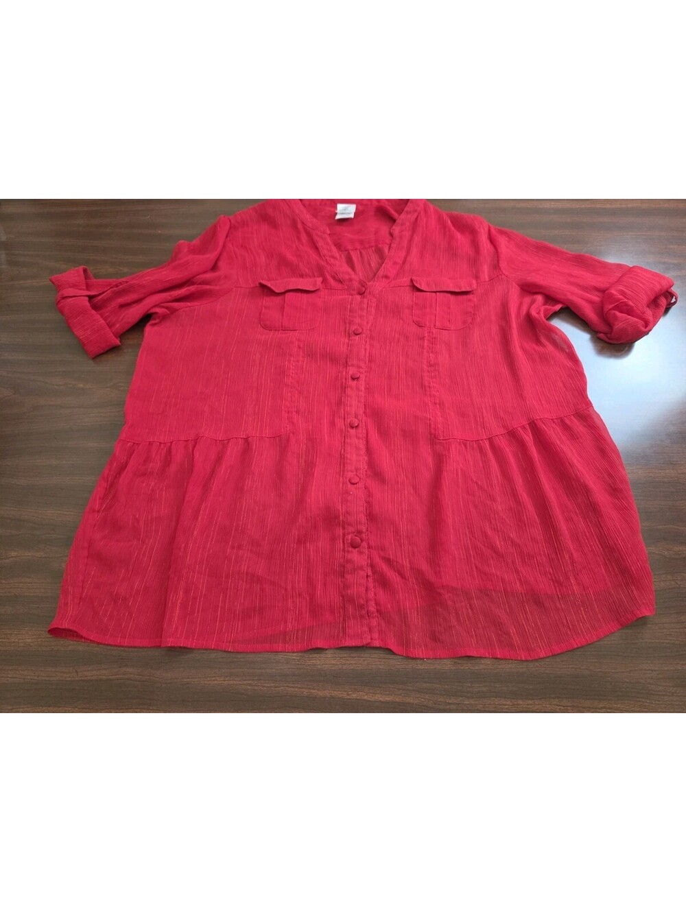 Just My Size 3X Plus Size Red Metallic Shimmer Button Down Tunic Roll Tab Sleeve